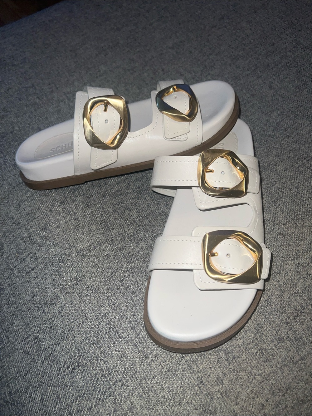 Shutz Ivory Slide Sandals with Gold Buckles EUC 8